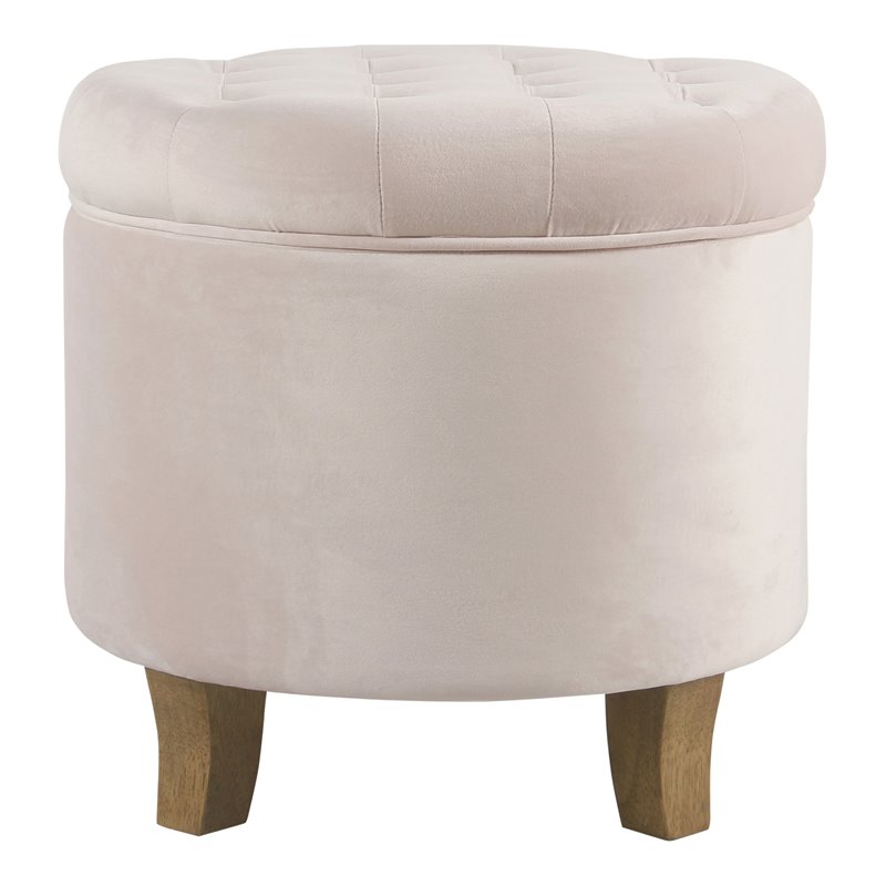 HomePop Round Transitional Wood and Velvet Storage Ottoman in Pink