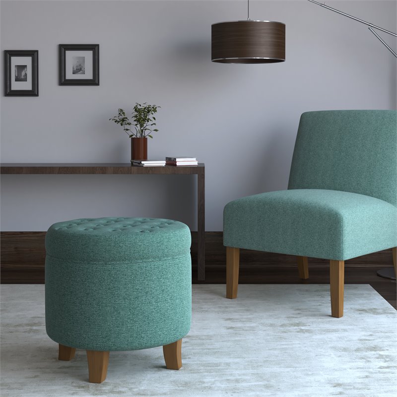 HomePop Boho Transitional Wood and Fabric Storage Ottoman in Teal Blue