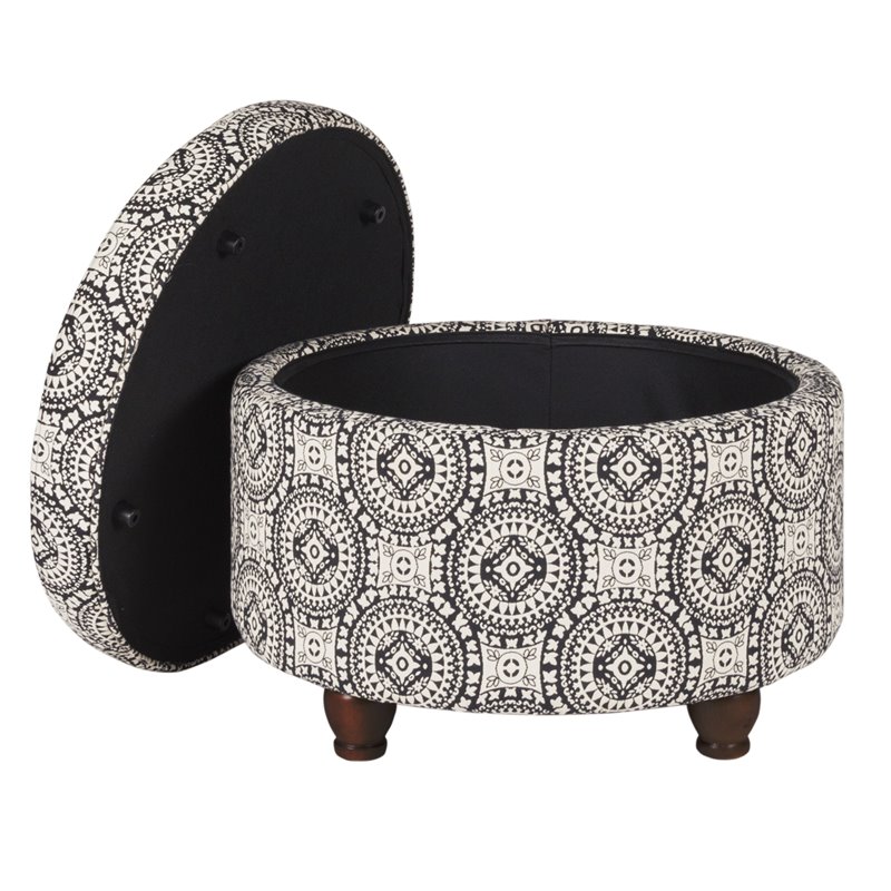 HomePop Suzani Transitional Fabric Fashion Medallion Storage Ottoman in Black