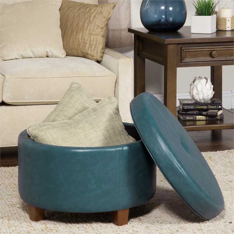 HomePop Transitional Faux Leather Large Storage Ottoman in Blue