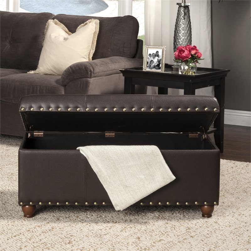 HomePop Traditional Faux Leather Storage Cocktail Bench in Brown