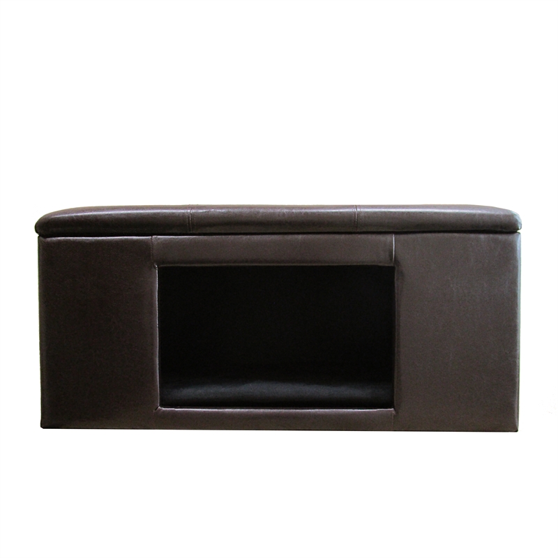 HomePop Traditional Faux Leather Decorative Pet Bed Bench in Brown