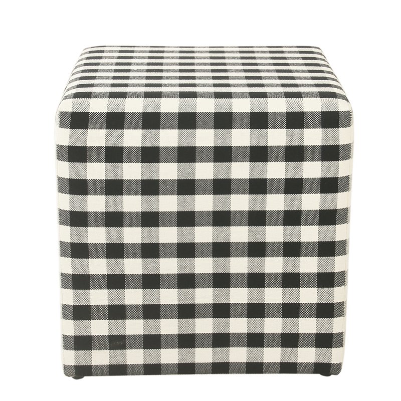 HomePop Square Modern Wood and Fabric Plaid Pattern Small Ottoman in Mini Black