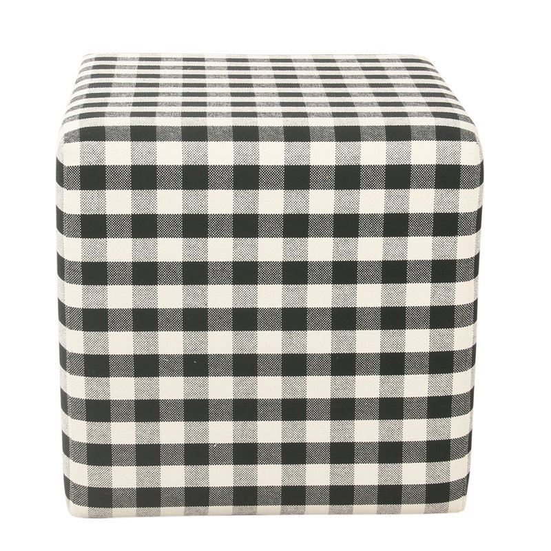 HomePop Square Modern Wood and Fabric Plaid Pattern Small Ottoman in Mini Black