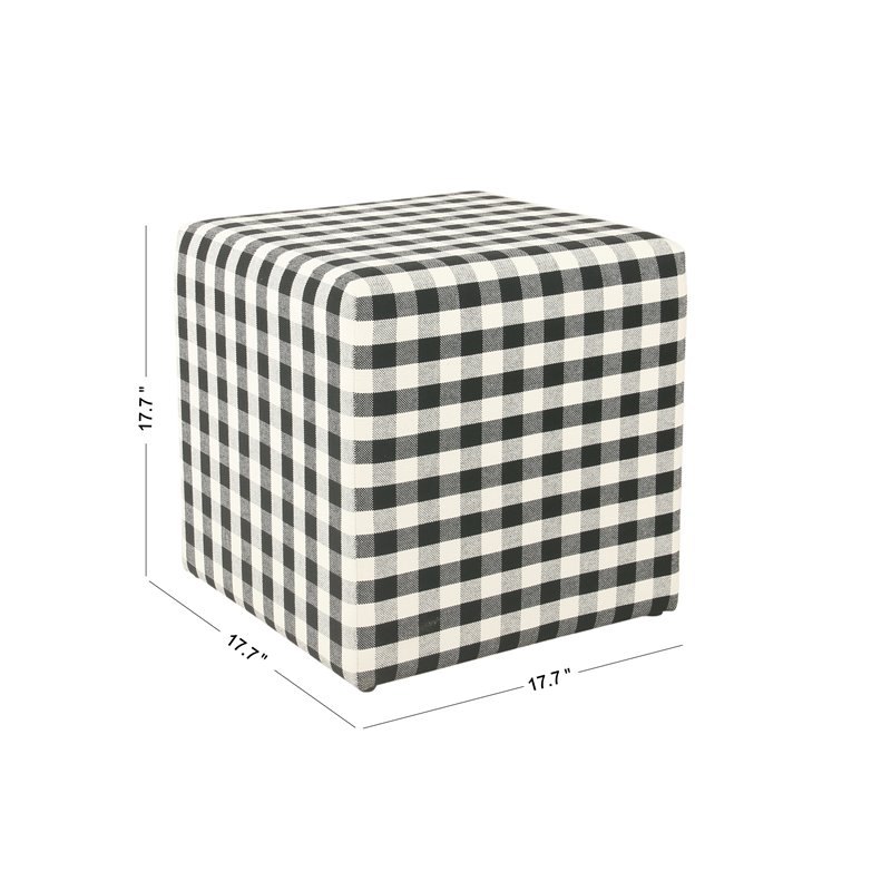 HomePop Square Modern Wood and Fabric Plaid Pattern Small Ottoman in Mini Black