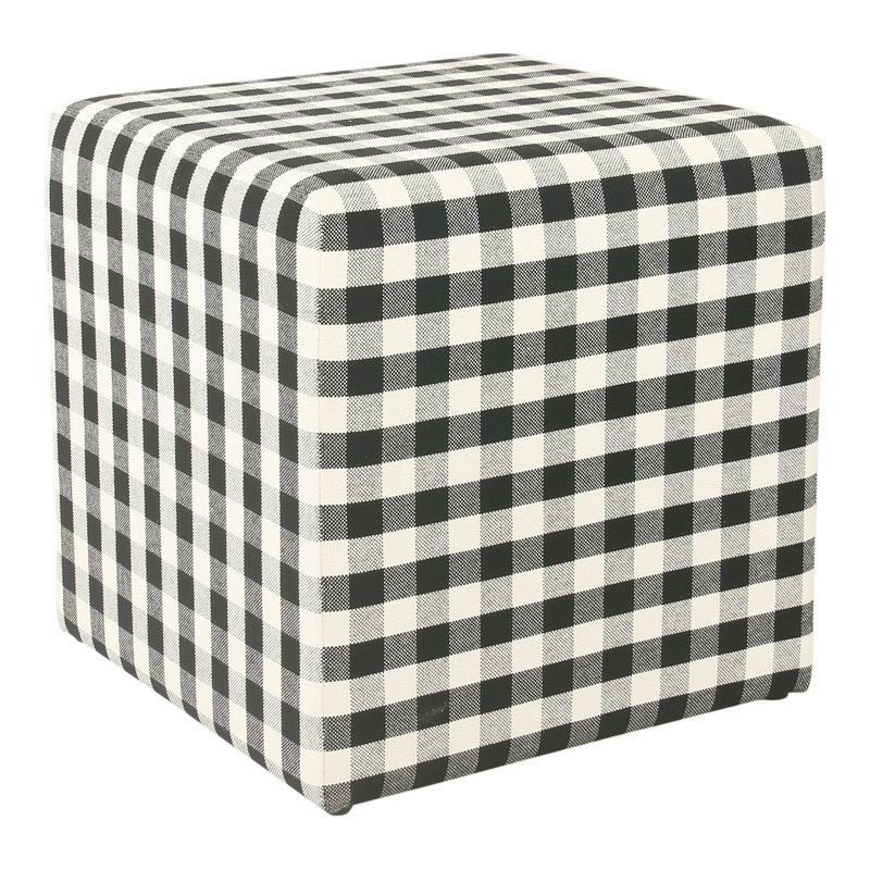 HomePop Square Modern Wood and Fabric Plaid Pattern Small Ottoman in Mini Black