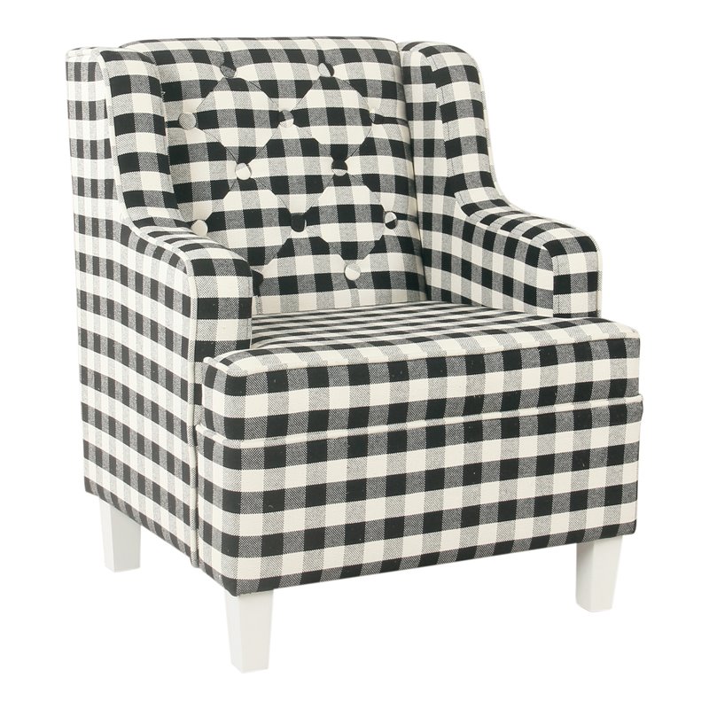 HomePop Wood and Cotton Plaid Pattern Kid's Tufted Wingback Chair in Black