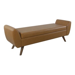 HomePop Modern Vegan Faux Leather Storage Bench with Wood Legs in Brown