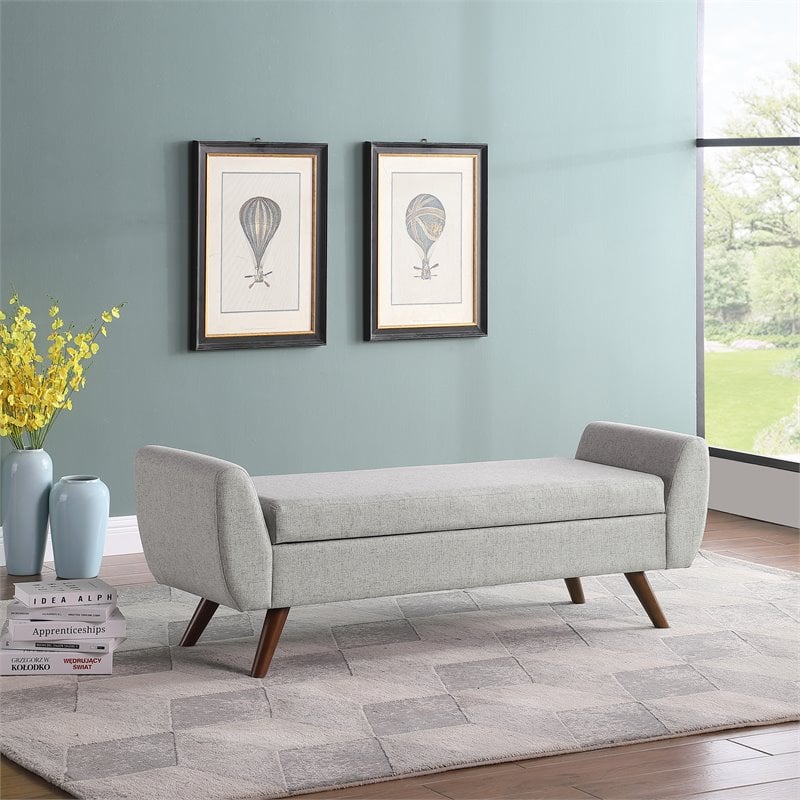 HomePop Modern Woven Fabric Storage Bench with Wood Legs in Gray
