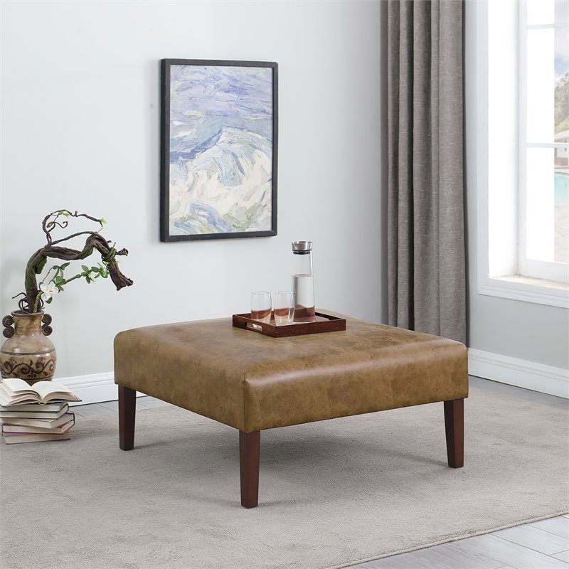 HomePop Square Transitional Wood and Vegan Faux Leather Ottoman in Light Brown