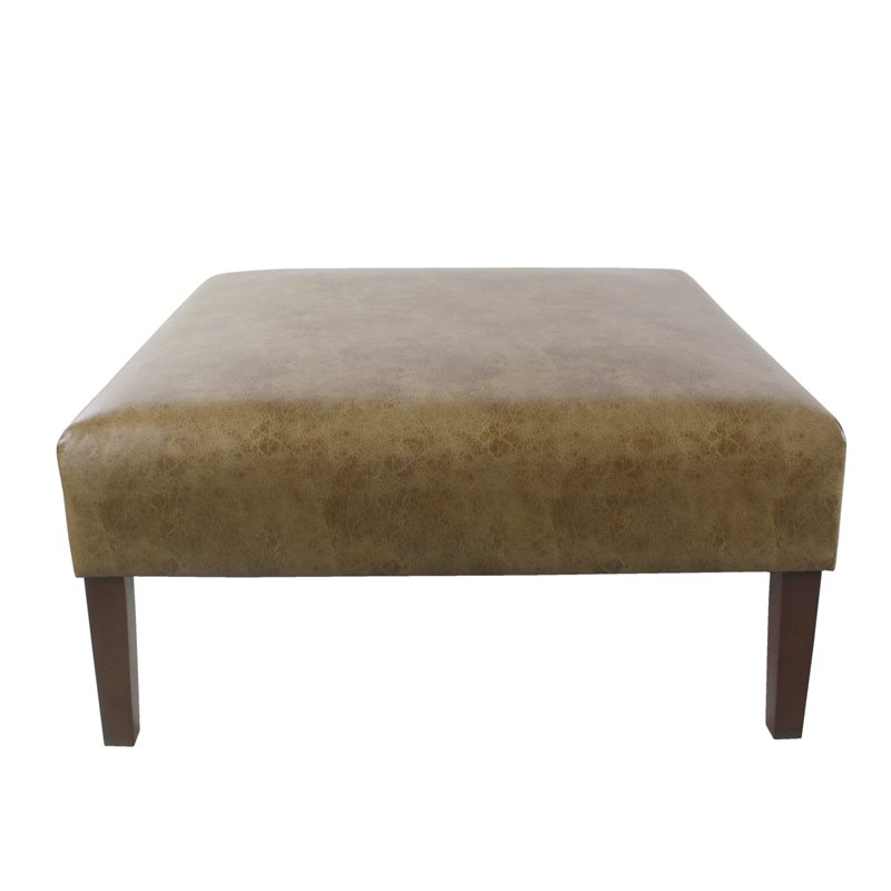 HomePop Square Transitional Wood and Vegan Faux Leather Ottoman in Light Brown