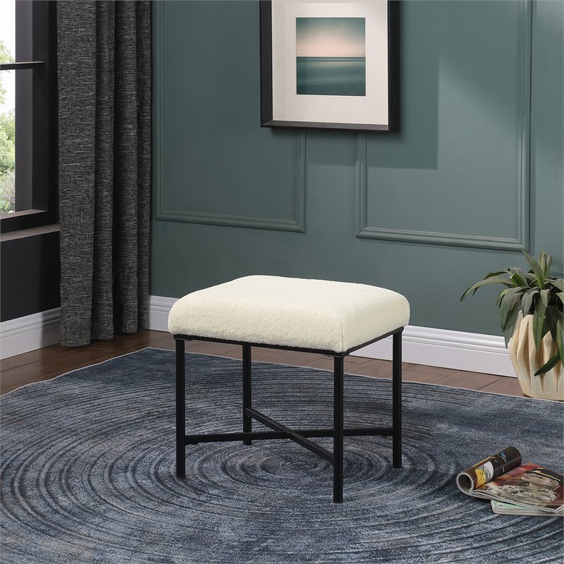 HomePop Square Transitional Metal and Faux Sheepskin Fabric Ottoman in Cream
