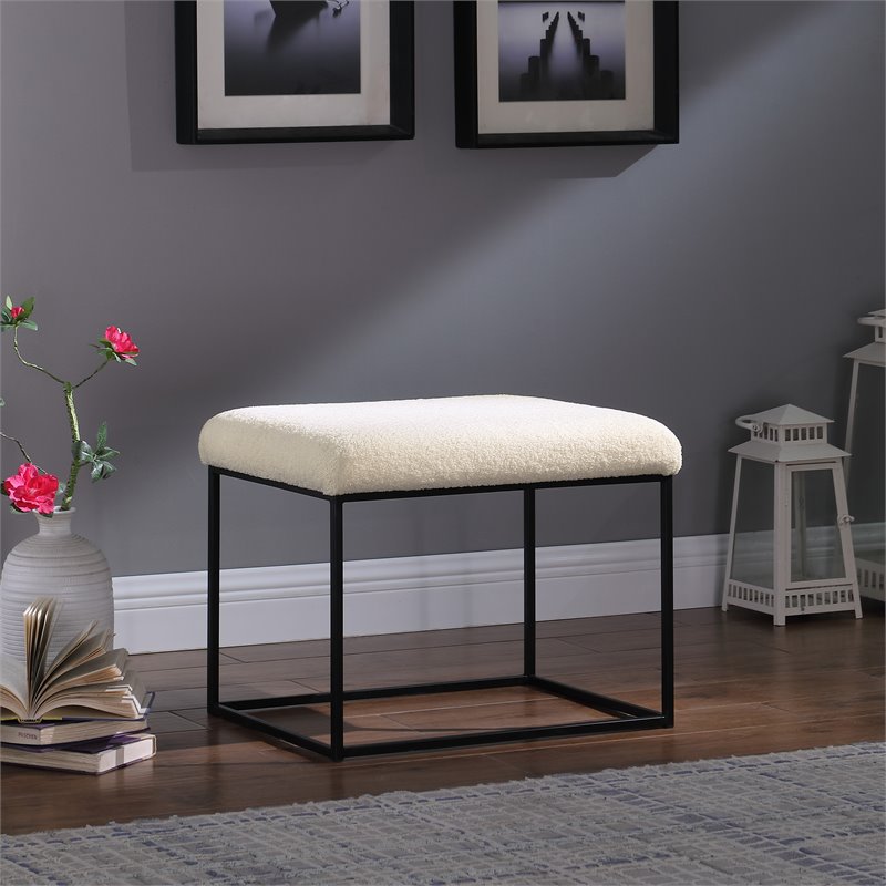 HomePop Small Modern Metal and Faux Sheepskin Fabric Decorative Ottoman in Cream
