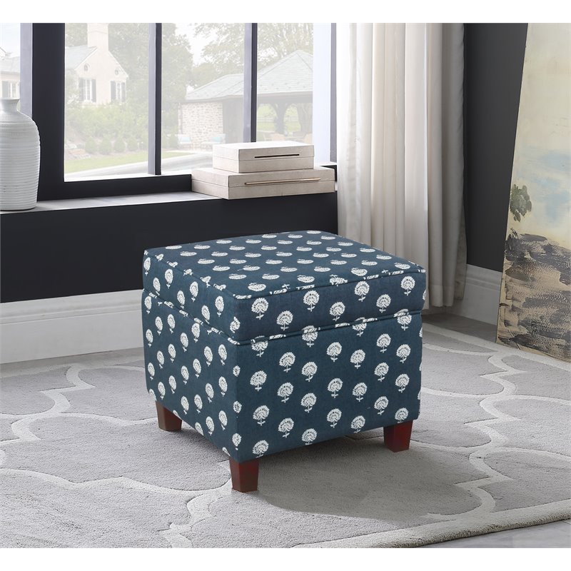 HomePop Traditional Fabric Storage Cube Ottoman in Navy and White Small Floral