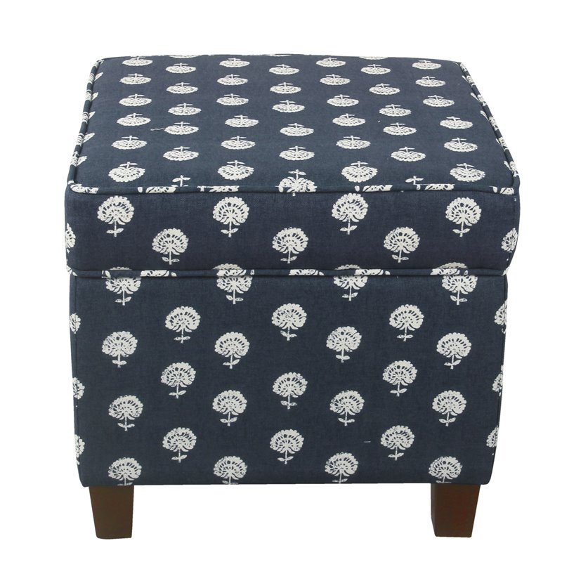 HomePop Traditional Fabric Storage Cube Ottoman in Navy and White Small Floral