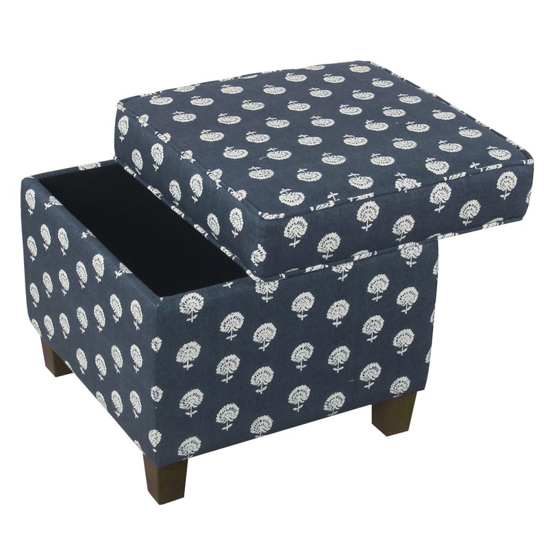 HomePop Traditional Fabric Storage Cube Ottoman in Navy and White Small Floral