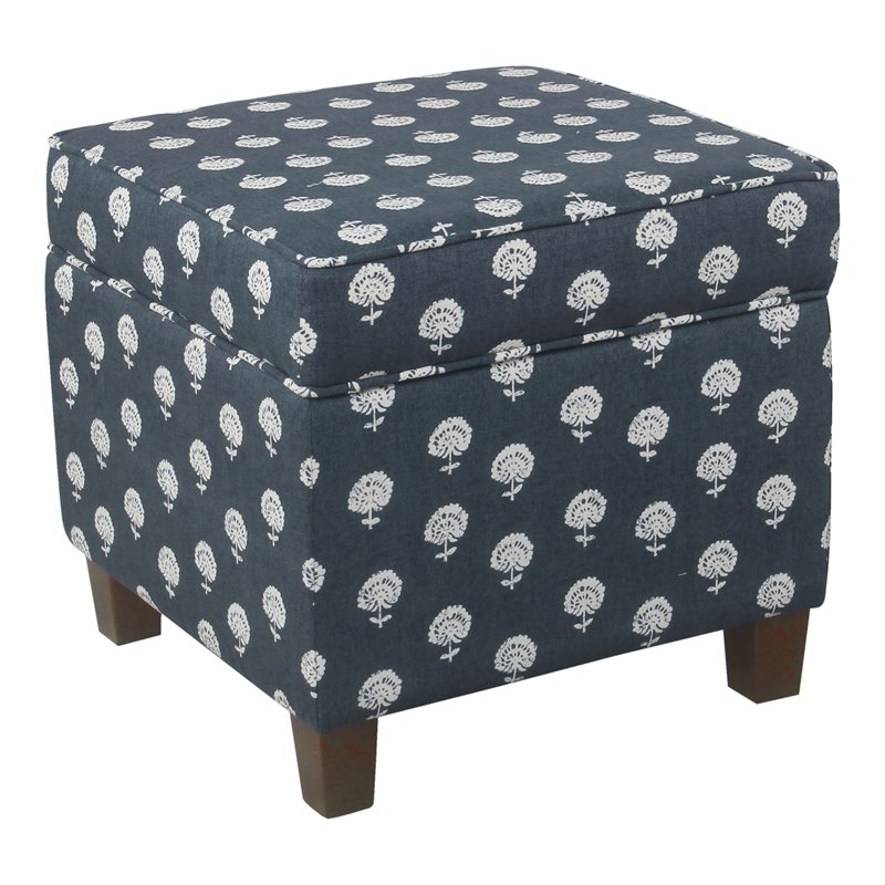 HomePop Traditional Fabric Storage Cube Ottoman in Navy and White Small Floral