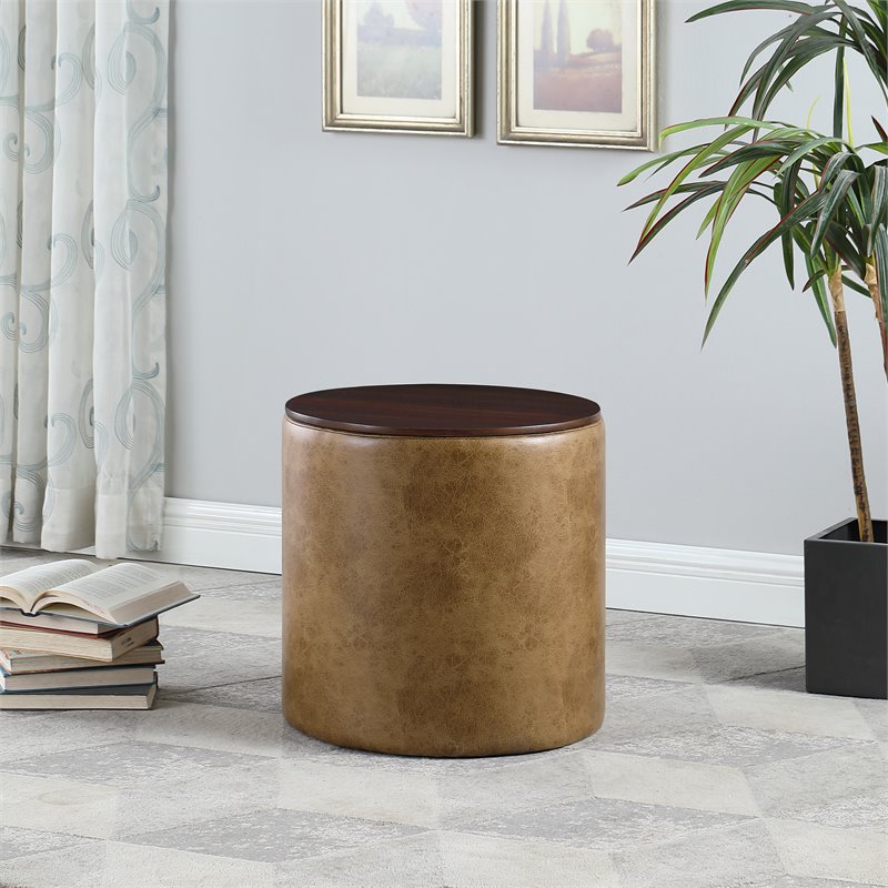 HomePop Modern Vegan Faux Leather Storage Ottoman with Wood Top in Light Brown