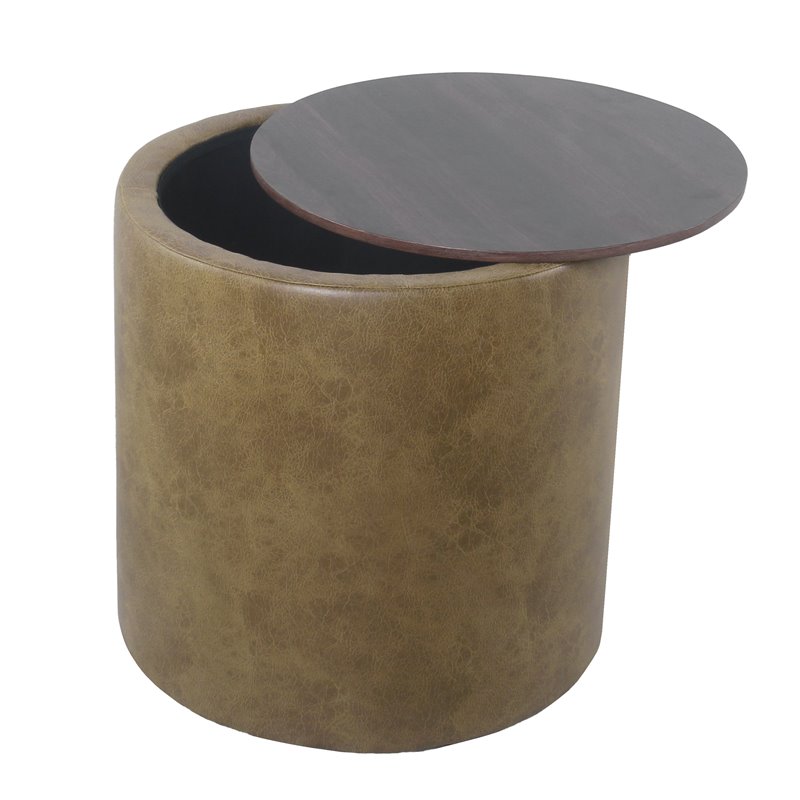 HomePop Modern Vegan Faux Leather Storage Ottoman with Wood Top in Light Brown