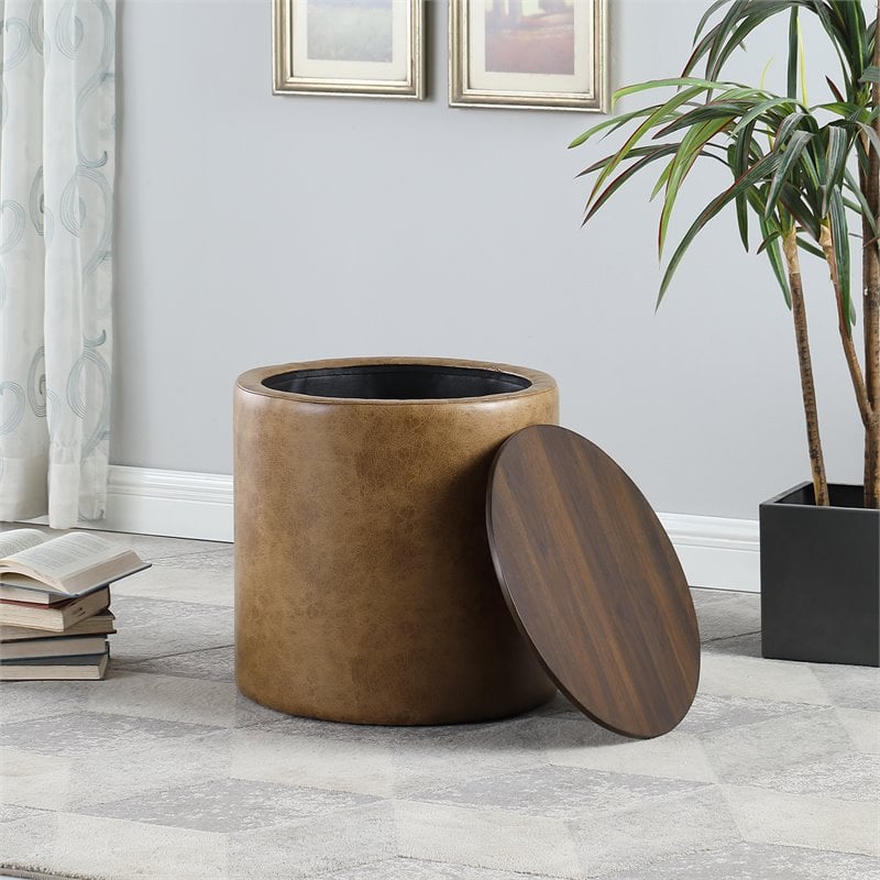 HomePop Modern Vegan Faux Leather Storage Ottoman with Wood Top in Light Brown