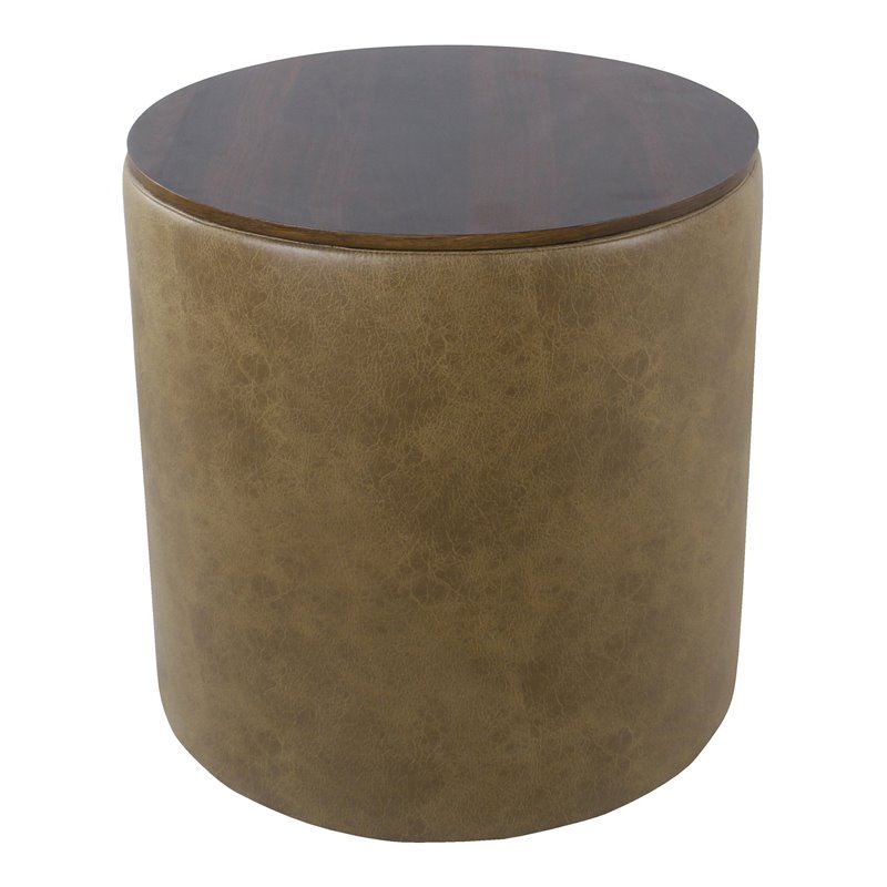 HomePop Modern Vegan Faux Leather Storage Ottoman with Wood Top in Light Brown