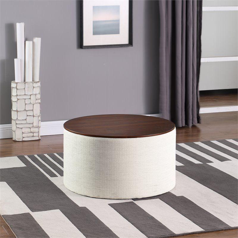 HomePop Modern Fabric Storage Ottoman with Wood Top in Cream