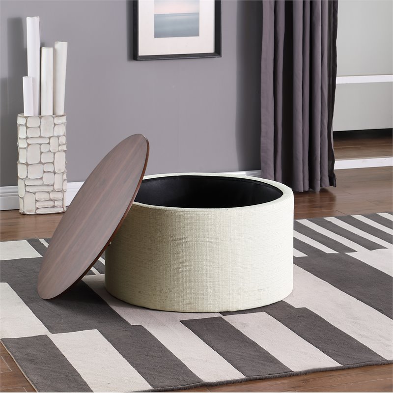 HomePop Modern Fabric Storage Ottoman with Wood Top in Cream