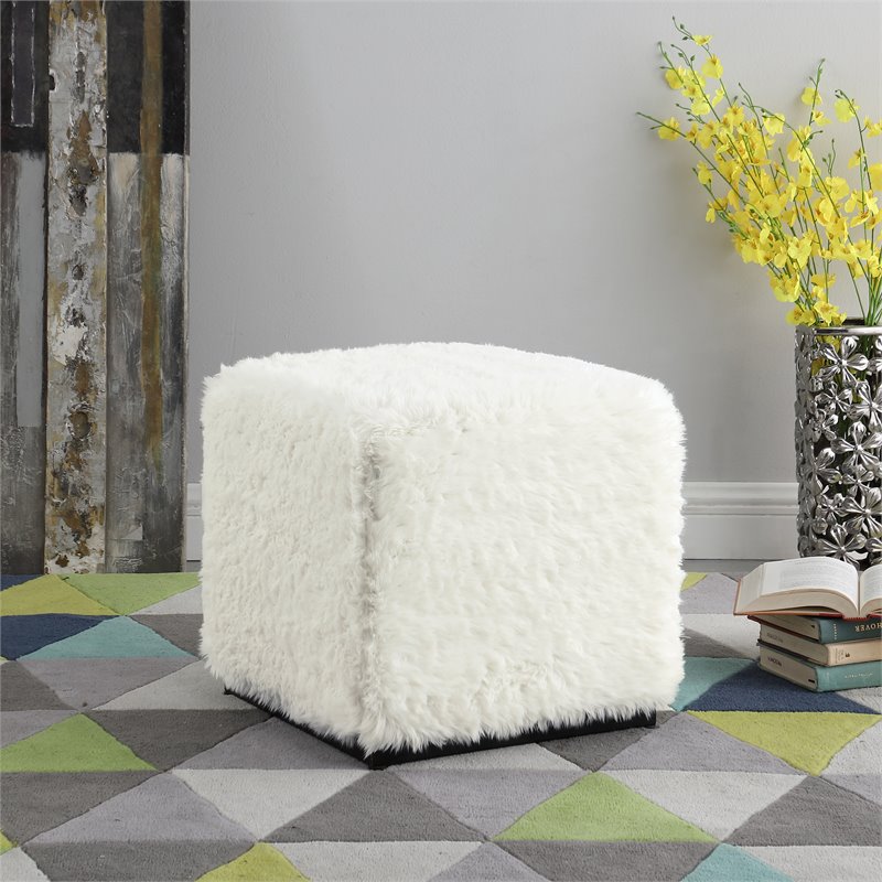 HomePop Cube Square Design Modern Faux Fur Fabric Ottoman in White