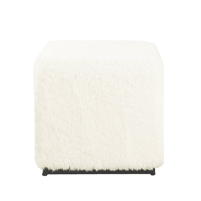 HomePop Cube Square Design Modern Faux Fur Fabric Ottoman in White