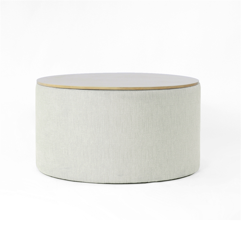 HomePop Round Modern Fabric & Wood Storage Ottoman in Light Gray