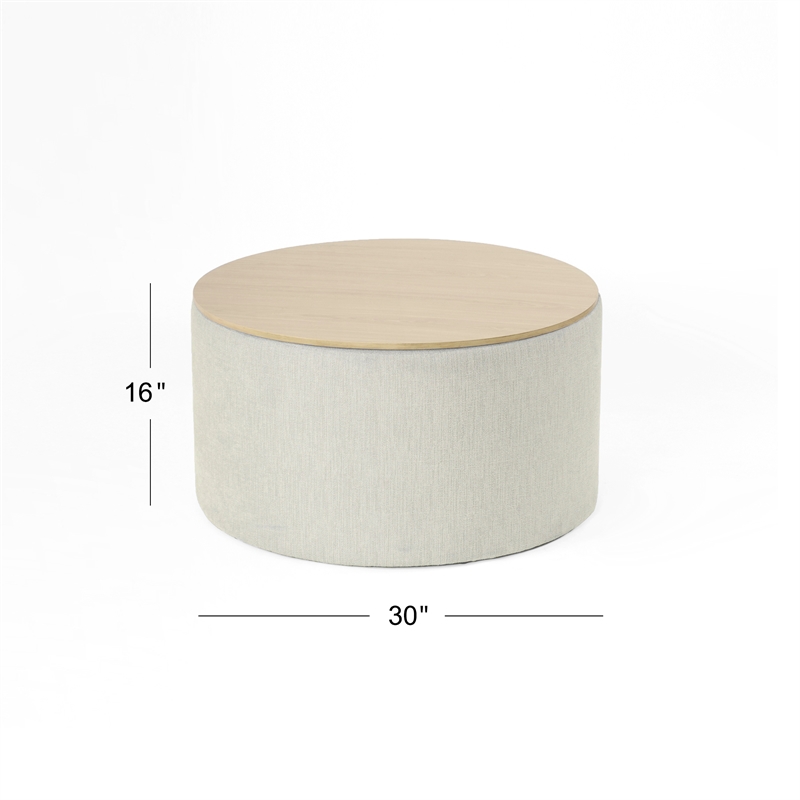 HomePop Round Modern Fabric & Wood Storage Ottoman in Light Gray