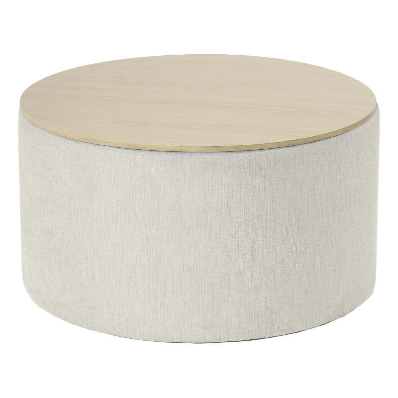 HomePop Round Modern Fabric & Wood Storage Ottoman in Light Gray