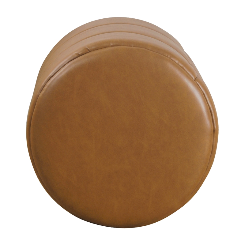 HomePop Round Faux Leather Upholstered Decorative Ottoman in Carmel Brown