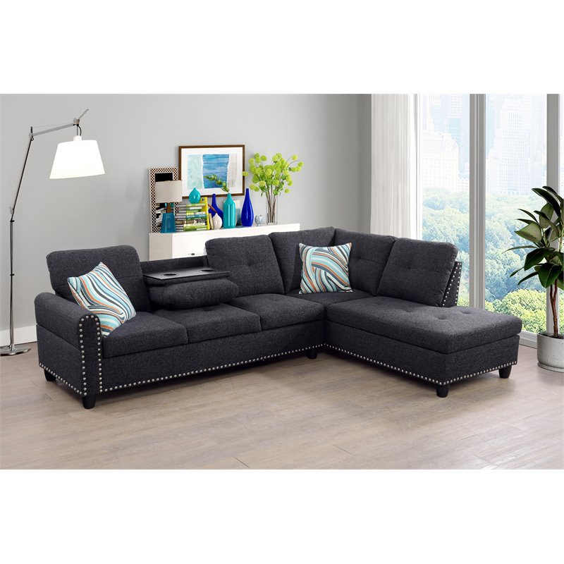 Star Home Living Corp Victor Linen Fabric Sectional Sofa in Black/Gray