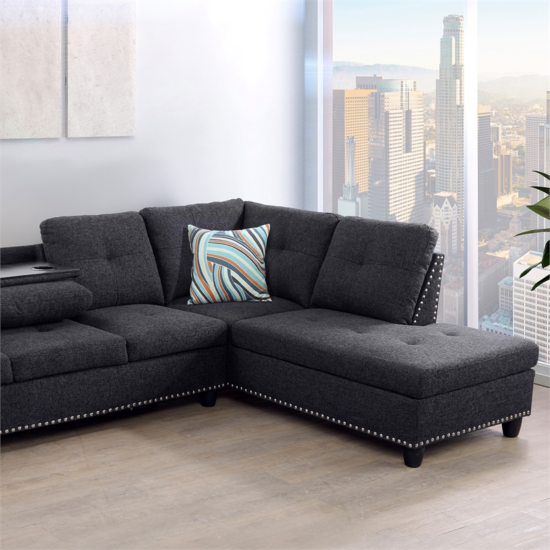 Star Home Living Corp Victor Linen Fabric Sectional Sofa in Black/Gray