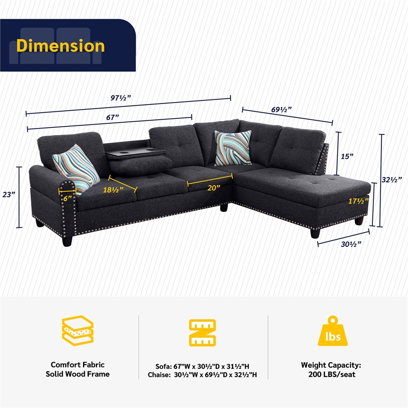 Star Home Living Corp Victor Linen Fabric Sectional Sofa in Black/Gray