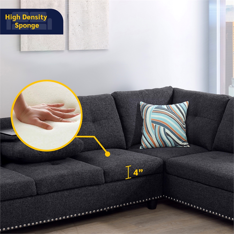 Star Home Living Corp Victor Linen Fabric Sectional Sofa in Black/Gray