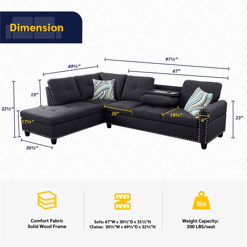 Star Home Living Corp Venus Linen Fabric Sectional Sofa in Black/Gray