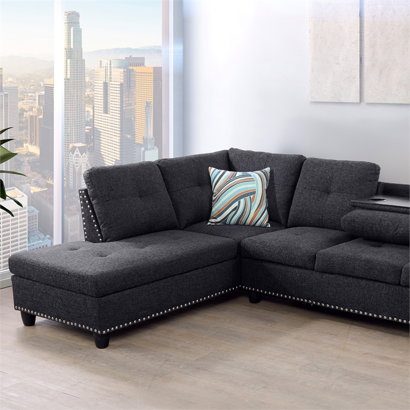 Star Home Living Corp Venus Linen Fabric Sectional Sofa in Black/Gray