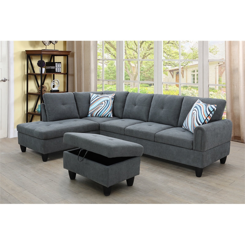 Star Home Living 3PC Flannelette Sectional Sofa with Ottoman (Dark Gray)