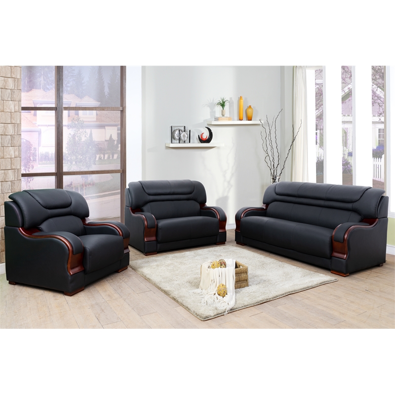 Star Home Living 3 Pieces Genuine Leather Living Room Set in Black