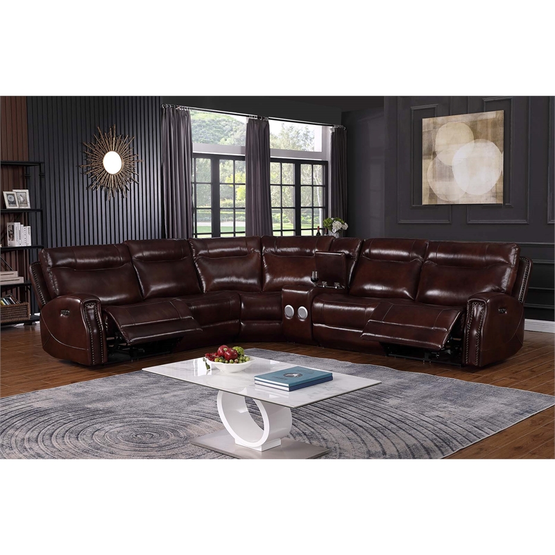 Star Home Living Leather Upholstered 6-Piece Reclining Sofa Set in Brown