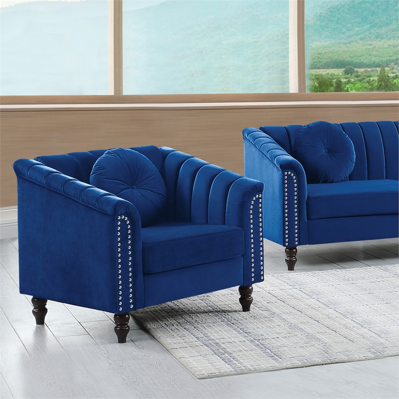 Jessica 3 Pieces Blue Microfiber Living Room Set Modern Velvet Sofa Set pillow