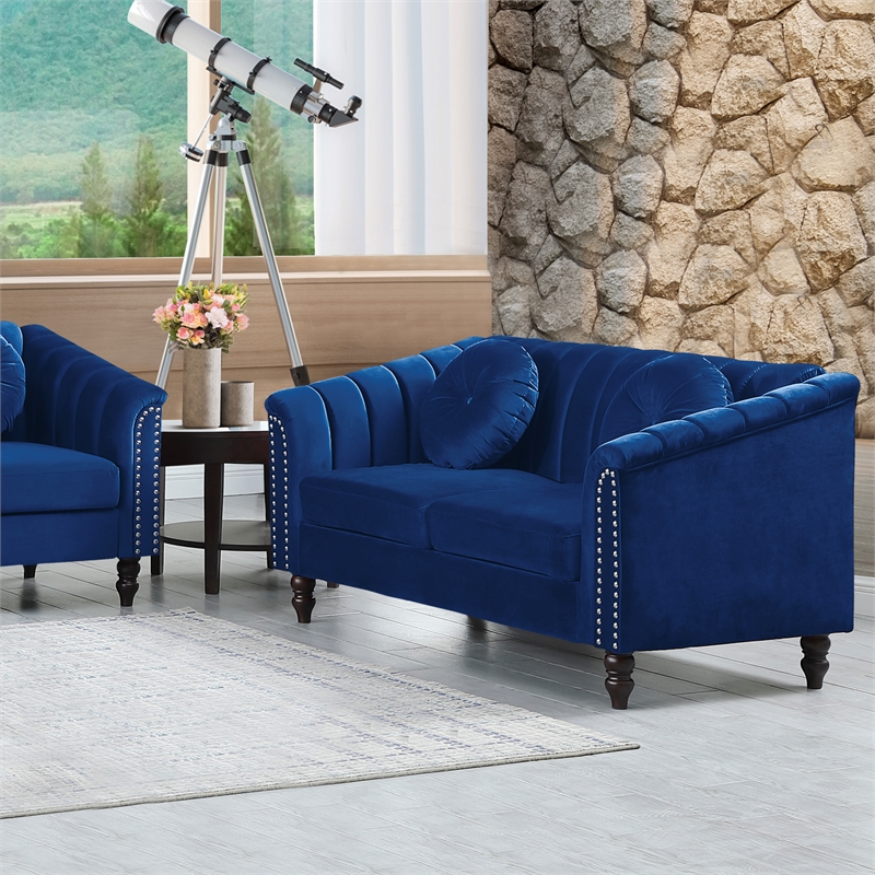 Jessica 3 Pieces Blue Microfiber Living Room Set Modern Velvet Sofa Set pillow
