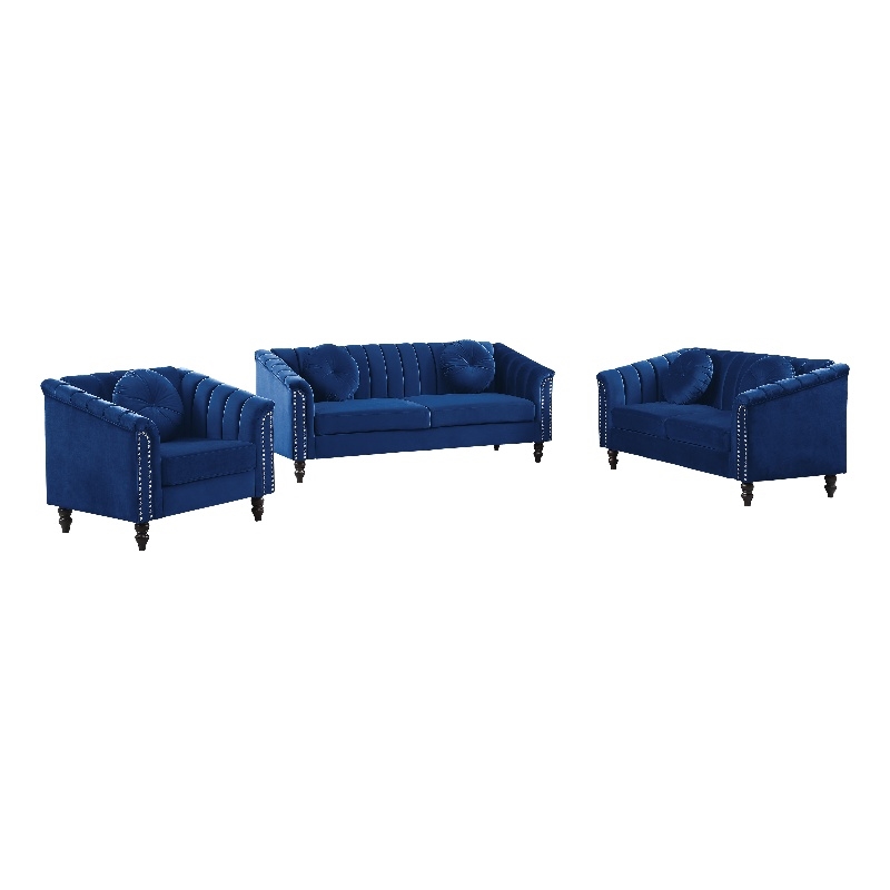 Jessica 3 Pieces Blue Microfiber Living Room Set Modern Velvet Sofa Set pillow