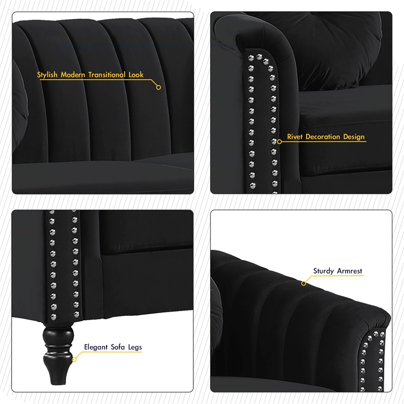 Jessica 3 Pieces Black Microfiber Living Room Set Modern Velvet Sofa Set pillow