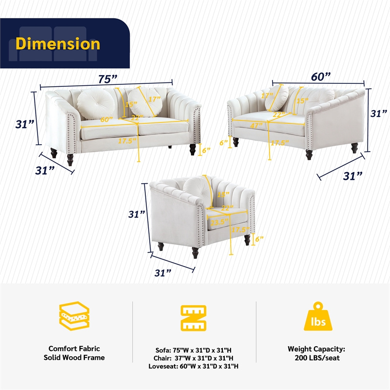 Beverly Fine Furniture 3 Piece Velvet Living Room Set (Sofa Loveseat and Chair)