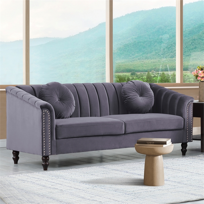 Jessica 2 Pieces Gray Microfiber Living Room Set Modern Velvet Sofa Set pillow
