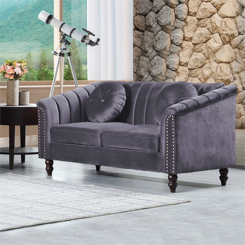 Jessica 2 Pieces Gray Microfiber Living Room Set Modern Velvet Sofa Set pillow