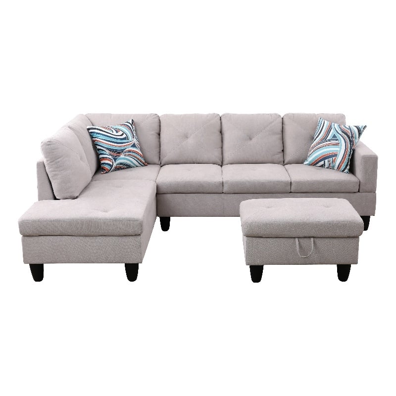 Starhome L Shaped Gray Couch with Storage Ottoman(Pillows Included) Microfiber